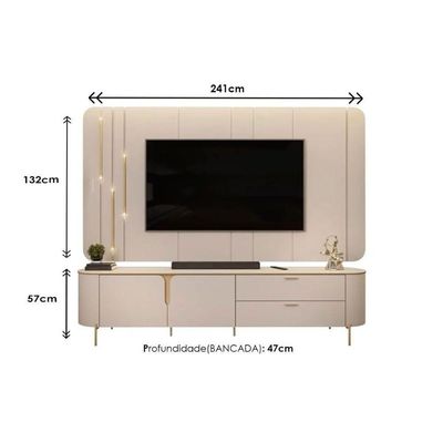 Rack Bancada c/Painel p/TV até 75 Polegadas Celine 100% MDF Led 241x189cm Off White - DJ Móveis