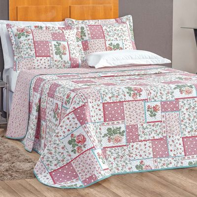 Kit Cobre Leito Colcha Dallas Casal Padrão Dupla Face Estampada 3 Peças - Rosa Floral Lidian