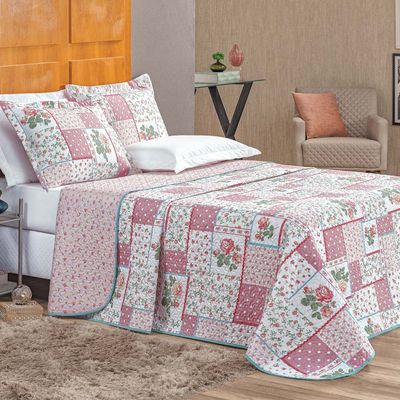 Kit Cobre Leito Colcha Dallas Casal Padrão Dupla Face Estampada 3 Peças - Rosa Floral Lidian