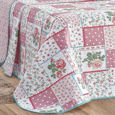 Kit Cobre Leito Colcha Dallas Casal Padrão Dupla Face Estampada 3 Peças - Rosa Floral Lidian
