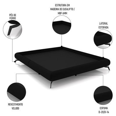 Cama King Base Box 193x203cm Pés De Ferro Cold P02 Veludo Preto - Mpozenato