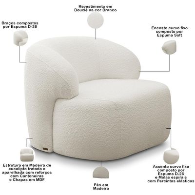 Poltrona Decorativa Fixa Orgânica Para Sala Living Barolo L06 Bouclê Branco - Lyam Decor