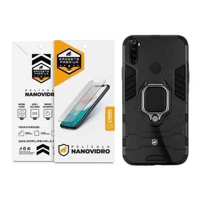 Kit Capa Defender Black e Pelicula Nano Vidro para Xiaomi Redmi Note 8 - Gshield