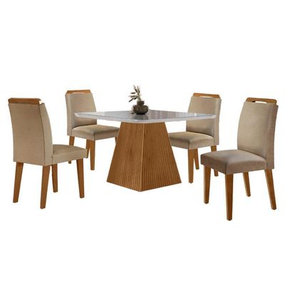 Sala De Jantar Aida 90 Tampo Mdf Canto Copo E Vidro Turim 07 / Off White / Naturale Rip