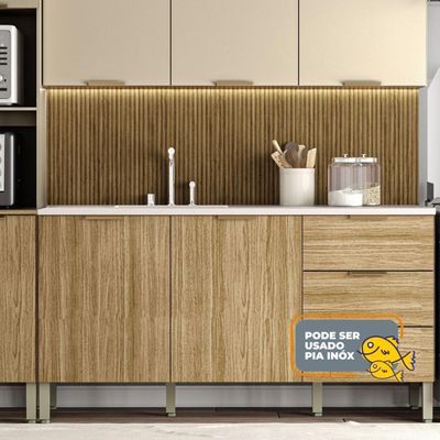 Armário De Cozinha Completa Com Balcão Para Pia 10 Portas Glam Freijó-vanilla-com Ripado