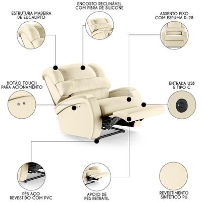 Poltrona Do Papai Reclinável Kalie Power Touch Usb Fh9 Pu Bege - Mpozenato