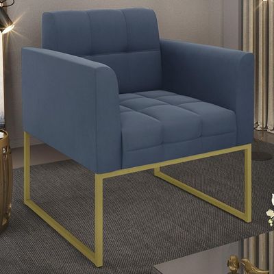 Poltrona Decorativa Base Industrial Dourado Ana Suede Azul Marinho - Ibiza