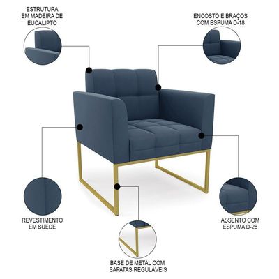 Poltrona Decorativa Base Industrial Dourado Ana Suede Azul Marinho - Ibiza