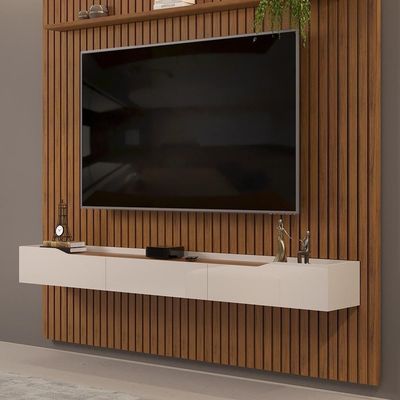 Painel Para 75 Pol Ripado Com Bancada Suspensa 250x240cm Pratisk D04 Freijó-off White - Mpozenato