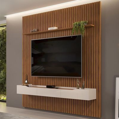 Painel Para 75 Pol Ripado Com Bancada Suspensa 250x240cm Pratisk D04 Freijó-off White - Mpozenato