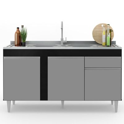 Balcão Gabinete Para Pia 150cm 3 Portas 1 Gaveta Preto/Cinza