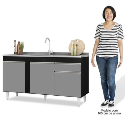 Balcão Gabinete Para Pia 150cm 3 Portas 1 Gaveta Preto/Cinza