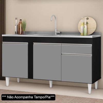 Balcão Gabinete Para Pia 150cm 3 Portas 1 Gaveta Preto/Cinza