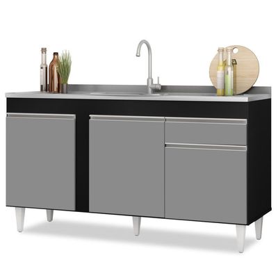 Balcão Gabinete Para Pia 150cm 3 Portas 1 Gaveta Preto/Cinza