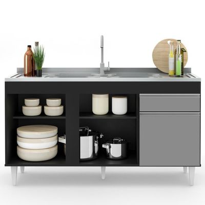 Balcão Gabinete Para Pia 150cm 3 Portas 1 Gaveta Preto/Cinza