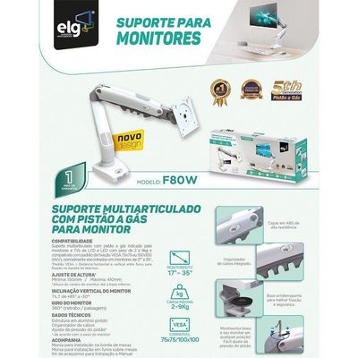 Suporte Monitor Branco Articulado 17 A 35 Pistão F80w Elg