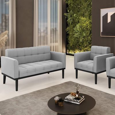 Sofá Namoradeira E 1 Poltrona Base Madeira Preto Ana Suede Cinza - Ibiza