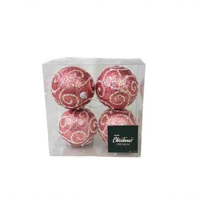 Conjunto Com 04 Bolas Glitter Rosê Arabescos 8cm Ht9205 - Linha Christmas Premium