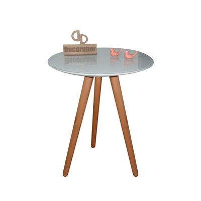 Mesa De Canto Pés Palito Amadeirado Com Tampo Vidro 60cm Off White 50cm