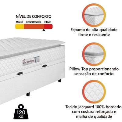 Cama Box Baú Solteiro Colchão Espuma D33 Pillow Top New Millenium 88x188x60cm Branco Hellen
