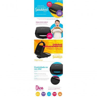 Sanduicheira Eletrica Cadence Preta 750w - Antiaderente 110V