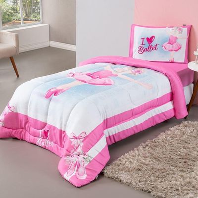 Kit Edredom + Lençol Plush Fofinho Infantil Dupla Face Dream 3 Peças Solteiro - Bailarina.