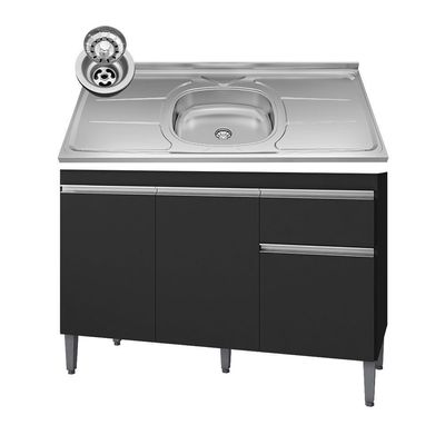 Balcão Gabinete Com Pia Inox 120cm 3 Portas E 1 Gaveta Tatiane Preto - Ajl Móveis