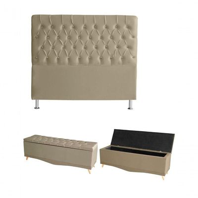 Kit Estrela Cabeceira De Cama Box E Calçadeira Baú Pés Palito Botão Cristal Queen 160 Cm Suede Bege Do Lar Móveis