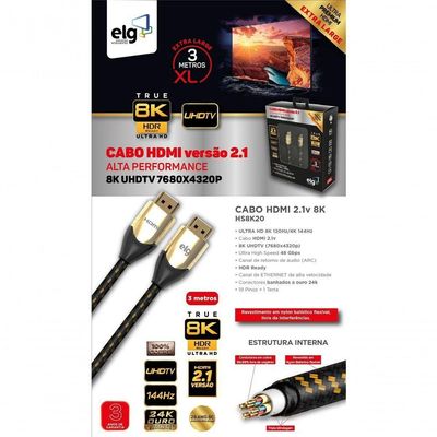 Cabo Hdmi 2.1v 8k Ultra High Speed Com Ethernet 3 Metros Hs8k30 Elg