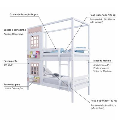 Beliche Casinha Reta 2 Janelas Madeira Branco/Rosa