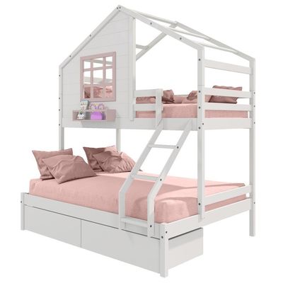 Beliche Casinha Janela Casal Solteiro 2 Gavetas Branco Rosa
