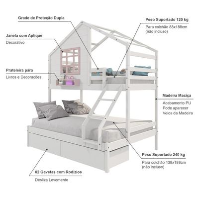 Beliche Casinha Janela Casal Solteiro 2 Gavetas Branco Rosa