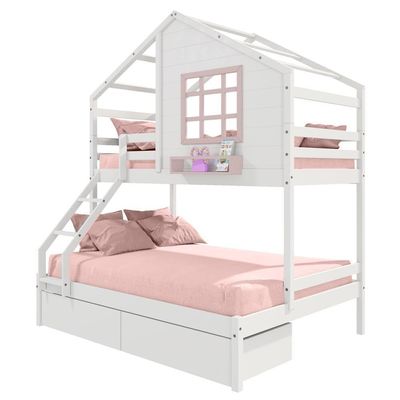 Beliche Casinha Janela Casal Solteiro 2 Gavetas Branco Rosa