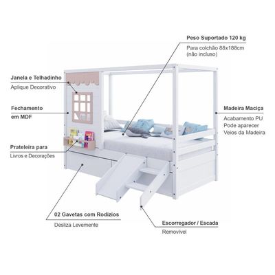 Cama Casinha Gavetas Escorregador Madeira Branco-Rosa