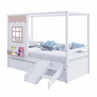 Cama Casinha Gavetas Escorregador Madeira Branco-Rosa