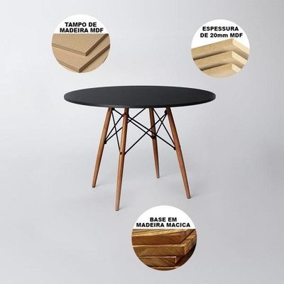Mesa De Jantar 4 Cadeiras Eames  Base Madeira Tampo Preto