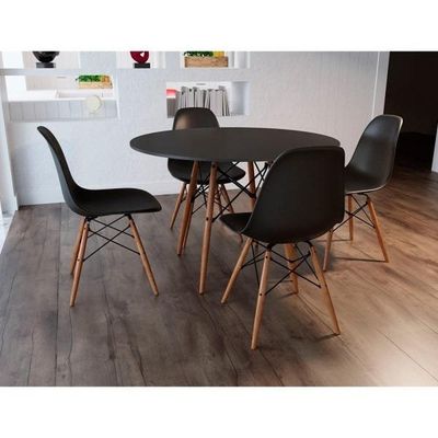 Mesa De Jantar 4 Cadeiras Eames  Base Madeira Tampo Preto