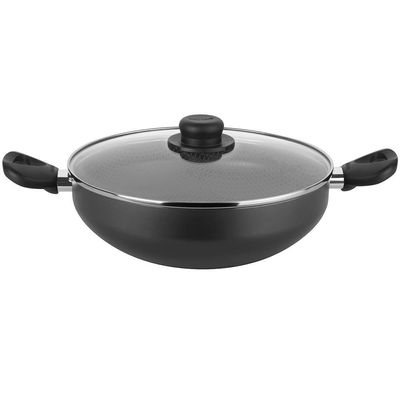 Frigideira Wok com Alças Multiflon Alumínio Antiaderente e Tampa de Vidro 28 cm Grafite