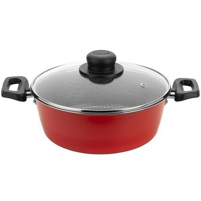 Caçarola Multiflon Essencial em Alumínio Antiaderente e Tampa de Vidro 24CM Vermelho