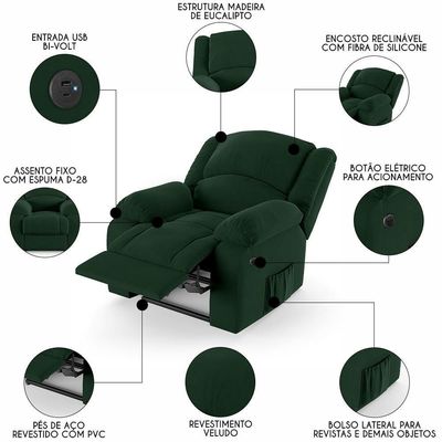 Poltrona Do Papai Reclinável Pietra Power Elétrica Usb Fh9 Veludo Verde - Mpozenato