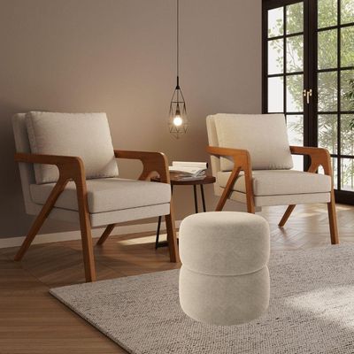 Kit 2 Poltrona Decorativa Puff Sala Moderno Escritório Maia Bouclé Bege
