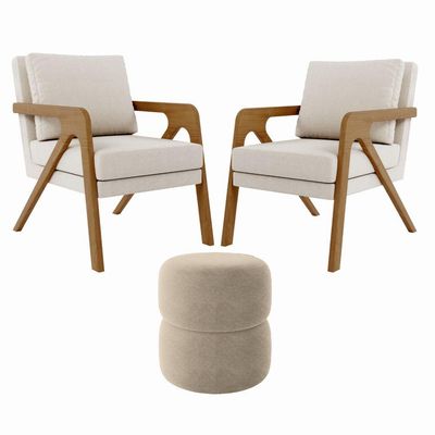Kit 2 Poltrona Decorativa Puff Sala Moderno Escritório Maia Bouclé Bege