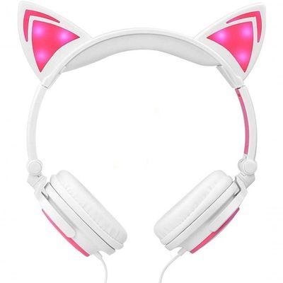 Fone De Ouvido Orelhas De Gato Com Led Branco E Rosa Bluetooth