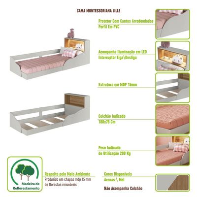 Quarto Infantil com Cama de Solteiro Montessoriana com Led e Cômoda Lille CJ081