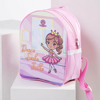 Mochila Infantil Princesa Bailarina Rosa Verniz Sublimada com Porta Garrafa e Bolso Colombina