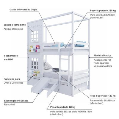 Treliche Casinha 2 Janelas Escorregador Madeira Branco