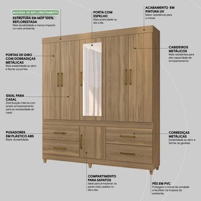 Guarda Roupa Casal 6 Portas Com Espelho E 4 Gavetas Guarujá Amêndola Touch