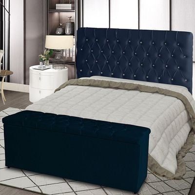 Kit Cabeceira De Cama E Calçadeira Baú Estrela King 195 Cm Suede Capitonê Azul Marinho Casa Móveis E Decoração
