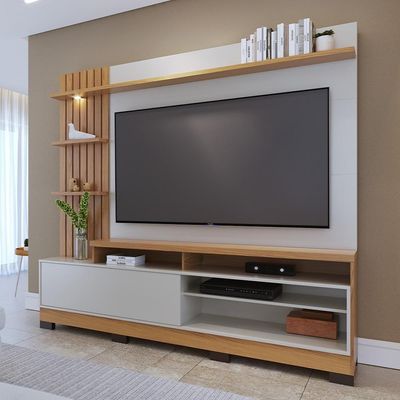 Estante Painel Para 65 Pol Com Led Aracati C04 Freijó Off White Matte - Lyam Decor