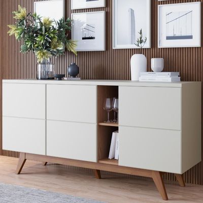 Buffet 3 Portas E Prateleiras Aurora Off White Matte Freijó